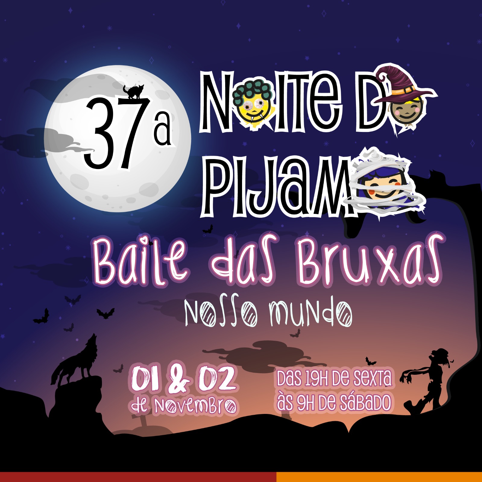 Convite para a Noite do Pijama + Baile das Bruxas Nosso Mundo 2025. O evento acontecerá no dia 01/outubro a partir das 19h na Escola Nosso Mundo. Mais informações no WhatsApp: 48 99694-4000